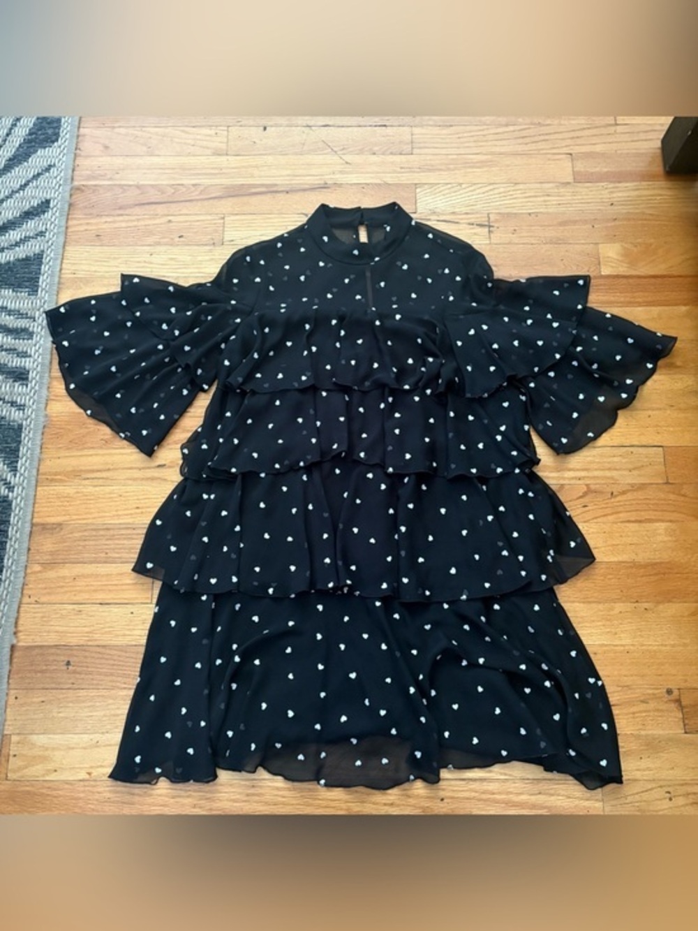 Kate Spade Heart Print Tiered Ruffle Dress Sheer Overlay Bell Sleeve Size 2